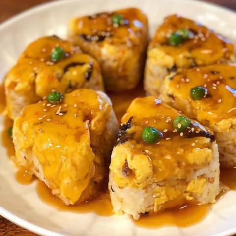 かに玉の素であんかけおにぎり