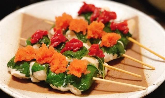 梅と明太子の大葉ササミの串焼き